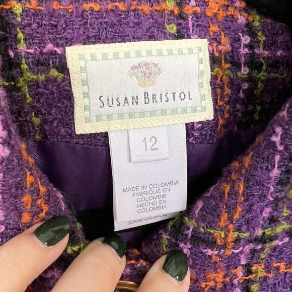 Vintage Susan Bristol Womens Purple Plaid Ornate Button Wool Jacket Size 12 - Picture 9 of 11